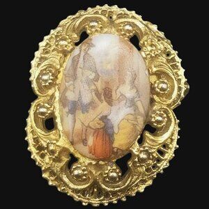 Victorian Fragonard Rococo Style Romantic Ornate Oval Gold Tone Brooch Pin